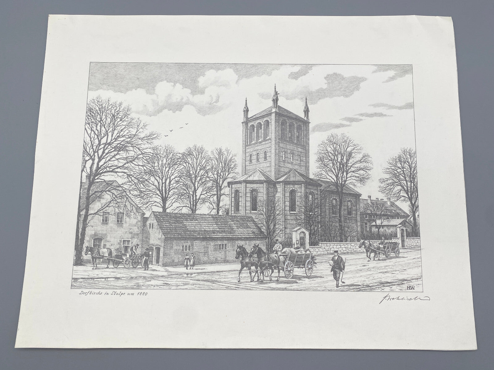 DEUTSCHER KÜNSTLER HEINZ WEHLISCH ZEICHNUNG DORFKIRCHE IN STOLPE  1880 SIGNIERT