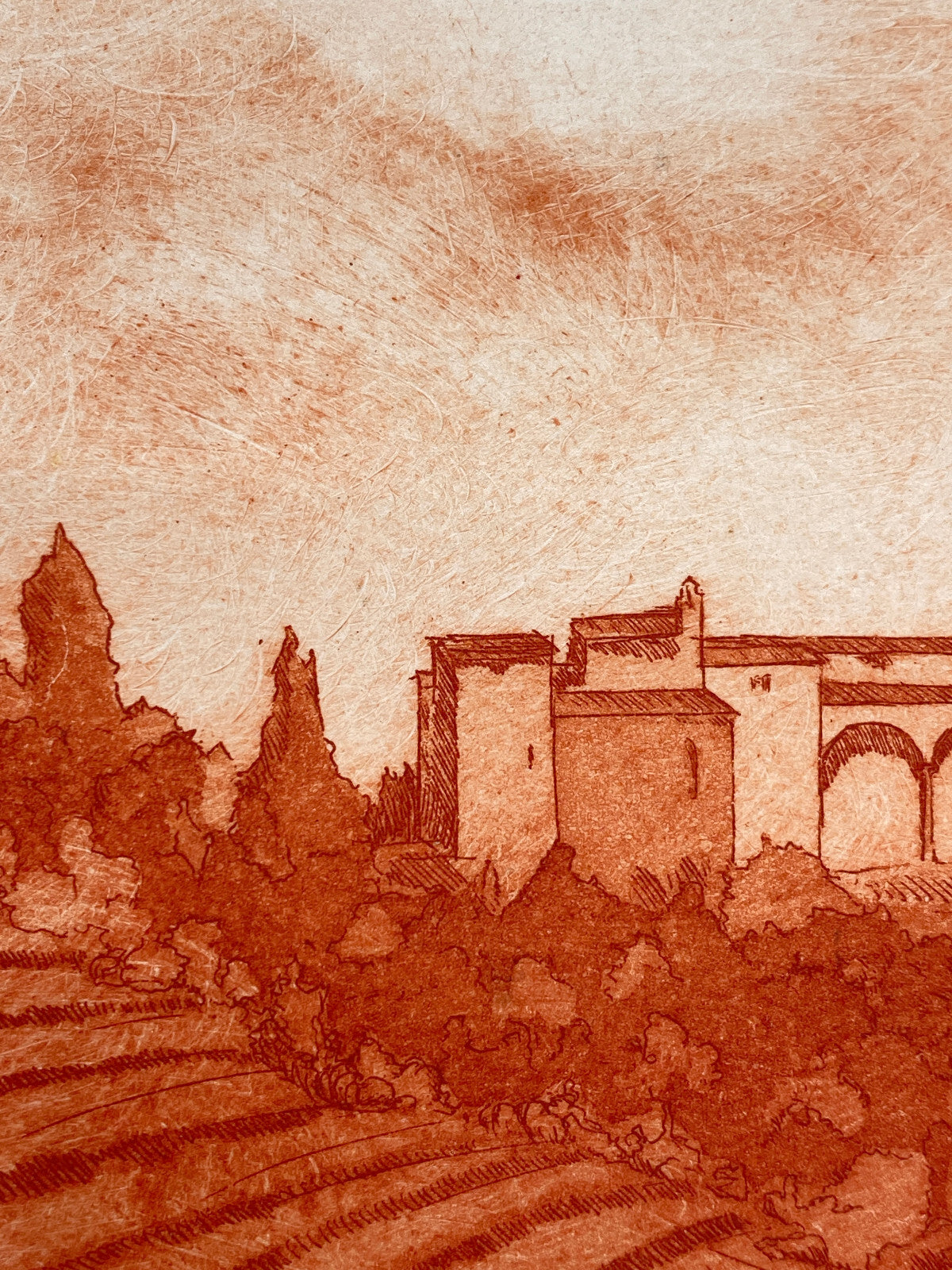 * RADIERUNG KUPFERSTICH ROT KUPFER TOSKANA MEDITERRANE LANDSCHAFT SIGNIERT