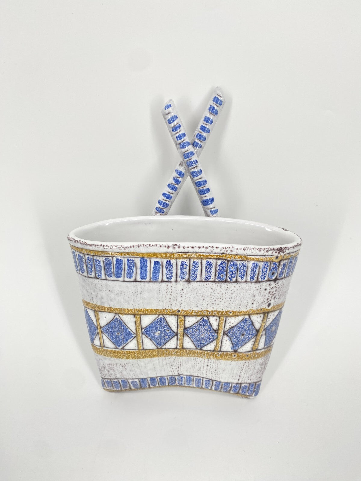 * VASE WANDVASE KERAMIK ITALY GEOMETRISCHES MUSTER WEIß BLAU VINTAGE