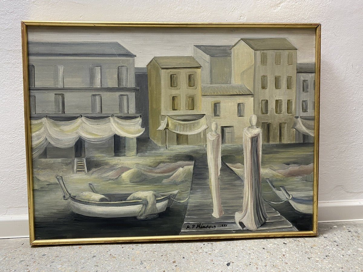 * GEMÄLDE ACRYLGEMÄLDE M.P. MINDVON / MIDNERON 1971 PASTELL HAFEN STEG