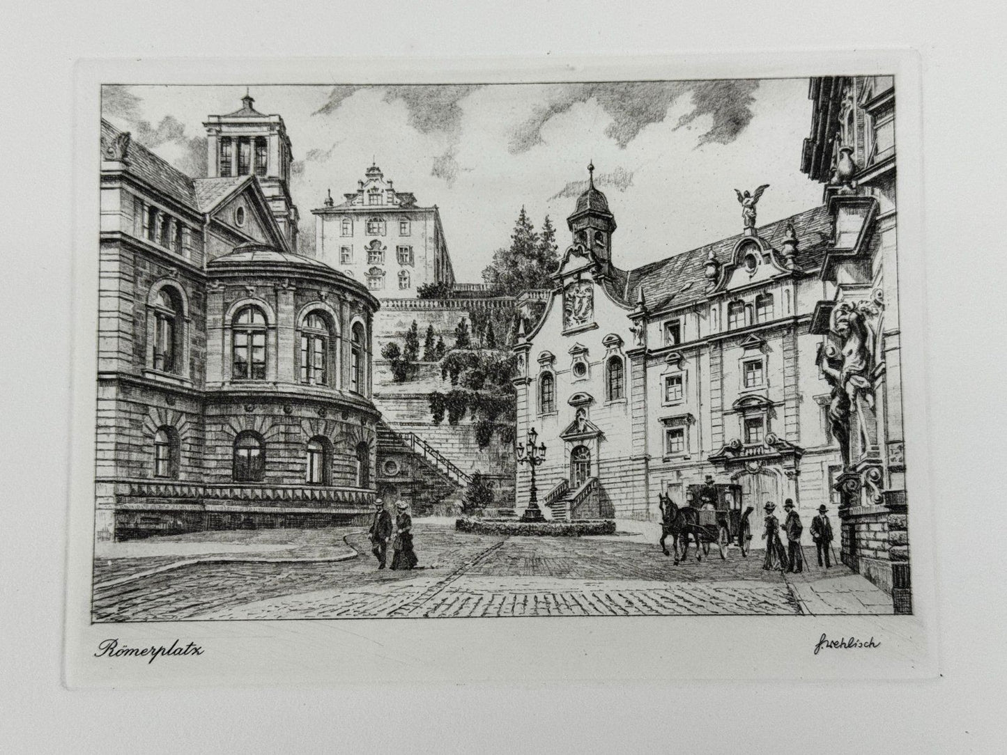 * HEINZ WEHLISCH RADIERUNG RÖMERPLATZ BADEN BADEN UM 1900 ANSICHT