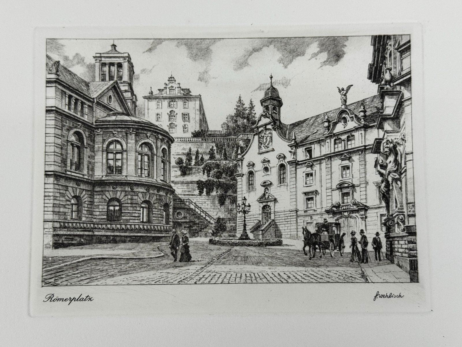 * HEINZ WEHLISCH RADIERUNG RÖMERPLATZ BADEN BADEN UM 1900 ANSICHT