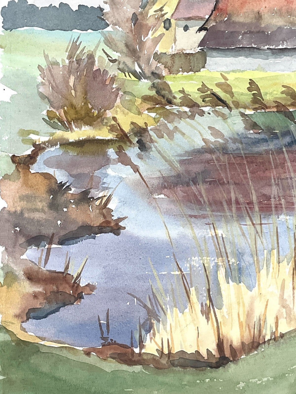 *GEMÄLDE TEICH MIT HÄUSER ZWEISEITIG BERG AQUARELL SIGNIERT PASTELLFARBE UNIKAT