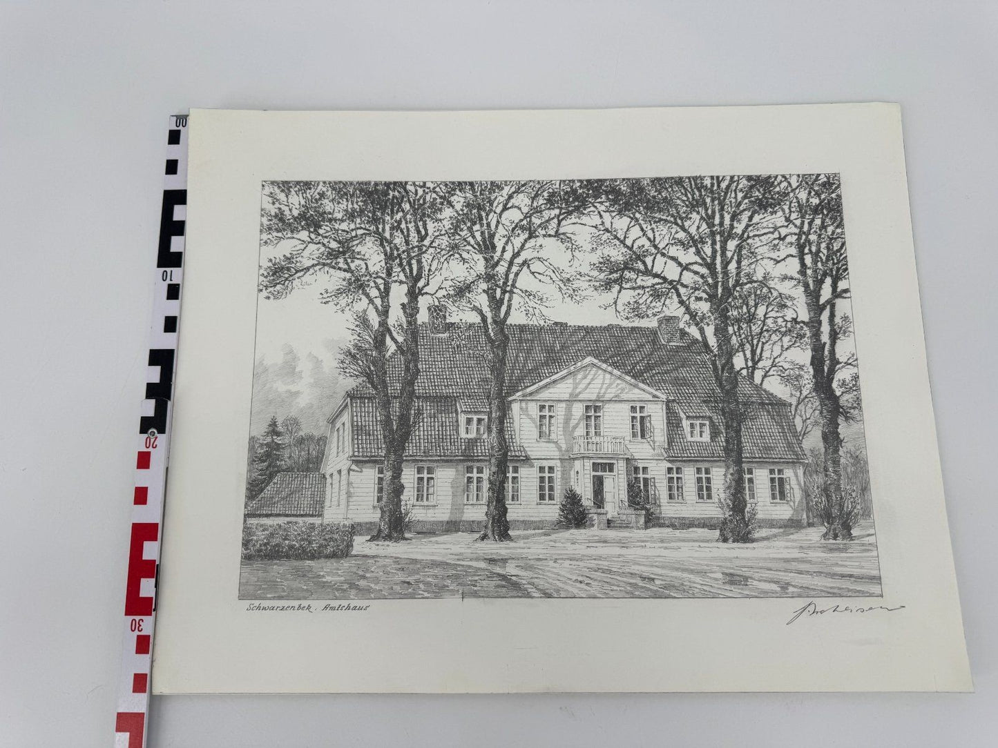 * HEINZ WEHLISCH ZEICHNUNG SCHWARZENBEK AMTSHAUS ANSICHT SIGNIERT