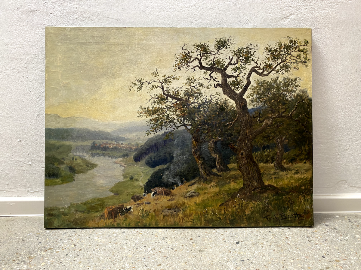 ÖLGEMÄLDE GEMÄLDE BAUM FLUSS LAGERFEUER HIRTEN FLUSS FRITZ BARTTZ 91