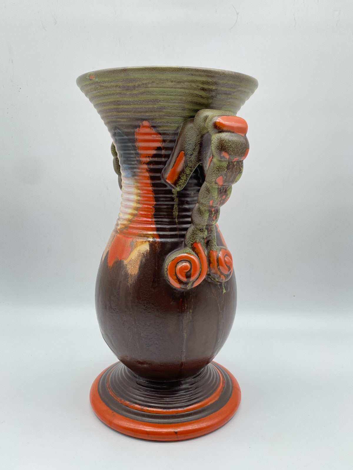 CARSTENS GRÄFENRODA ART DECO VASE HENKEL AMPHORENVASE LAUFGLASUR FAT LAVA GERMAN