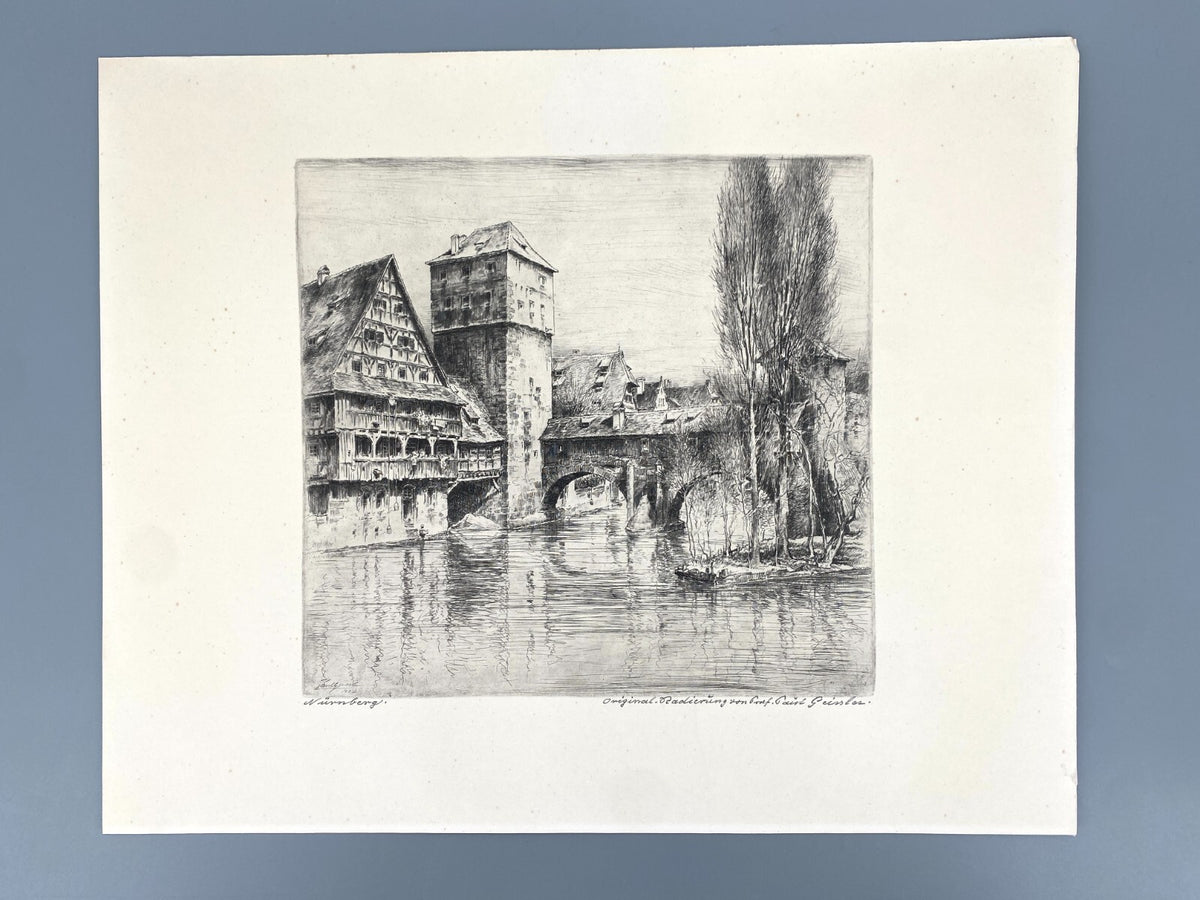 *RADIERUNG PAUL GEISSLER STADTANSICHT NÜRNBERG HENKERBRÜCKE 1920 SIGNIERT VINTAG