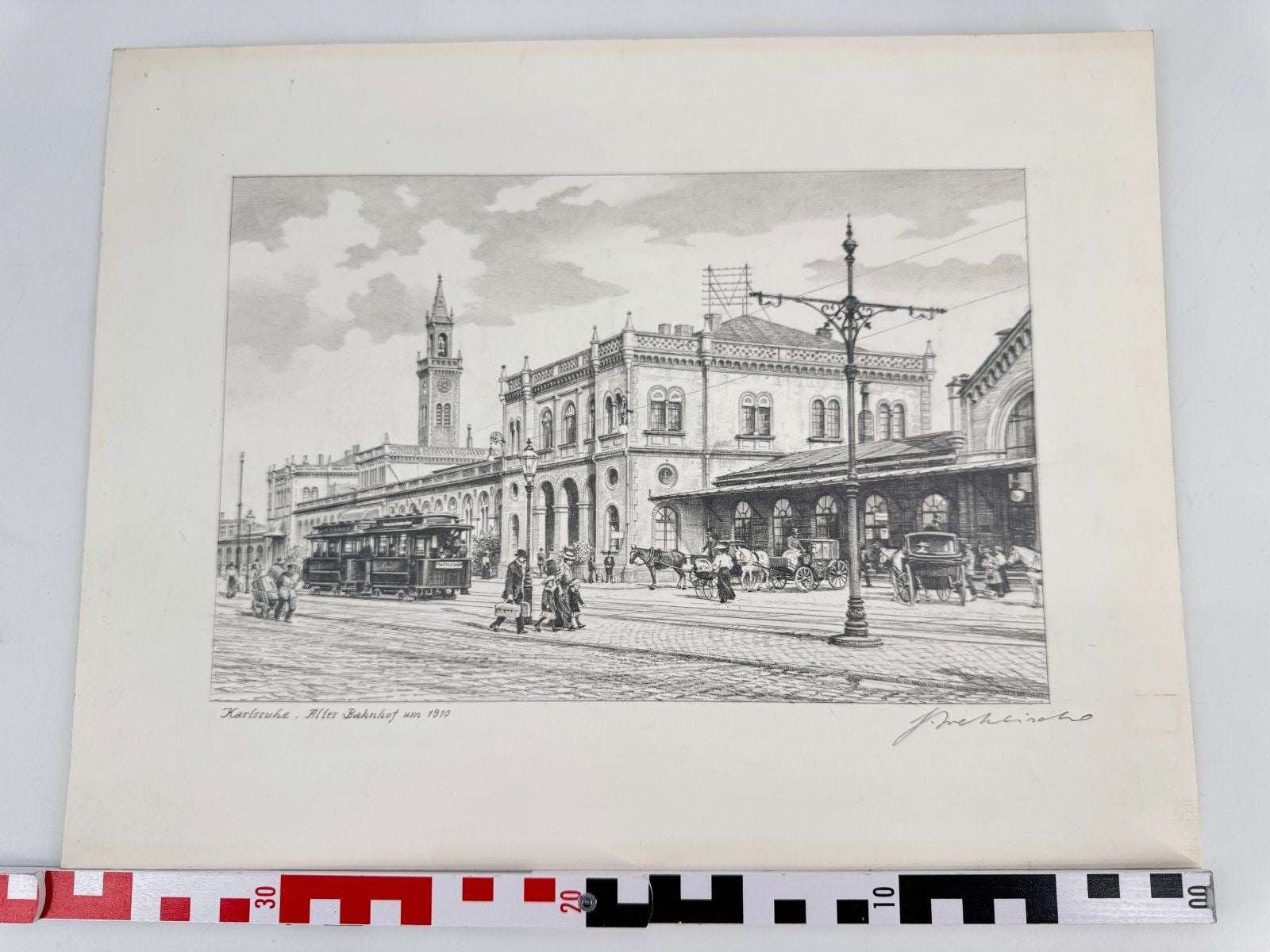 * HEINZ WEHLISCH ZEICHNUNG KARLSRUHE ALTER BAHNHOF SIGNIERT