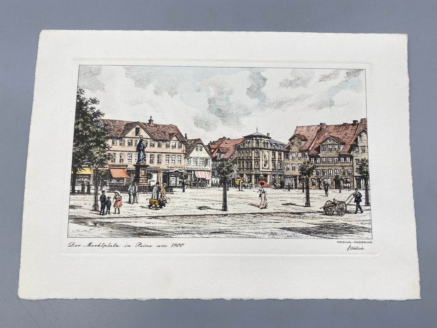 HEINZ WEHLISCH DEUTSCHER KÜNSTLER RADIERUNG COLORIERT PEINE MARKTPLATZ UM 1900