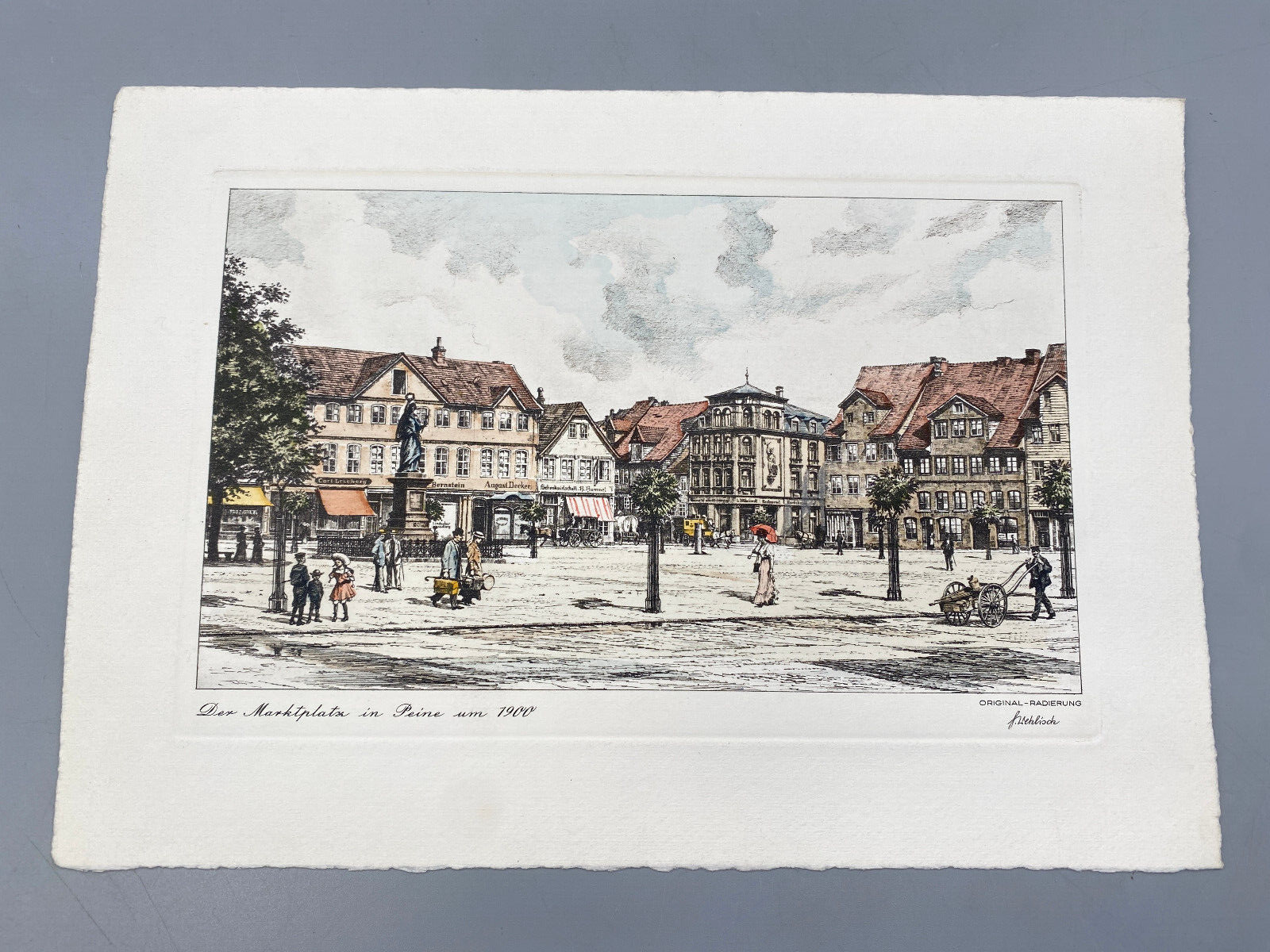 HEINZ WEHLISCH DEUTSCHER KÜNSTLER RADIERUNG COLORIERT PEINE MARKTPLATZ UM 1900