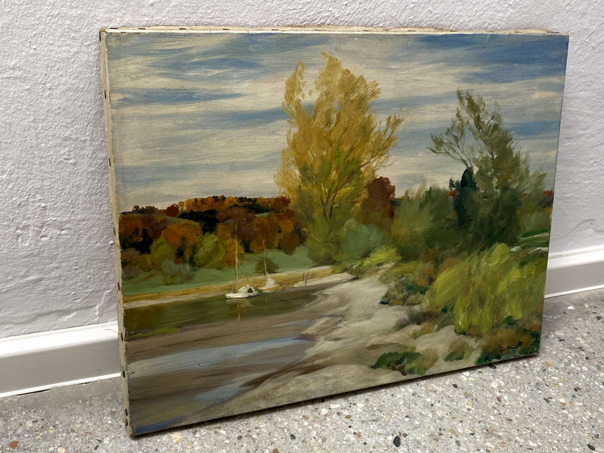 *FRITZ BRÄNDEL WEIMARER AKADEMIE GEMÄLDE SEE LANDSCHAFT UFER SEGELBOOTE ÖL LEIN