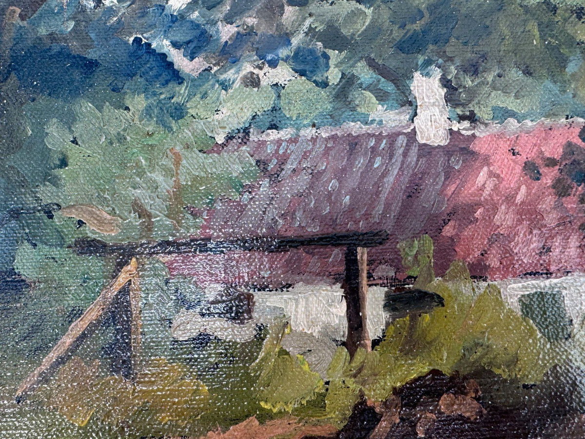 ÖL GEMÄLDE DORFLANDSCHAFT HAUS IM GRÜNEN ANTIK 36X 27 ANTIK