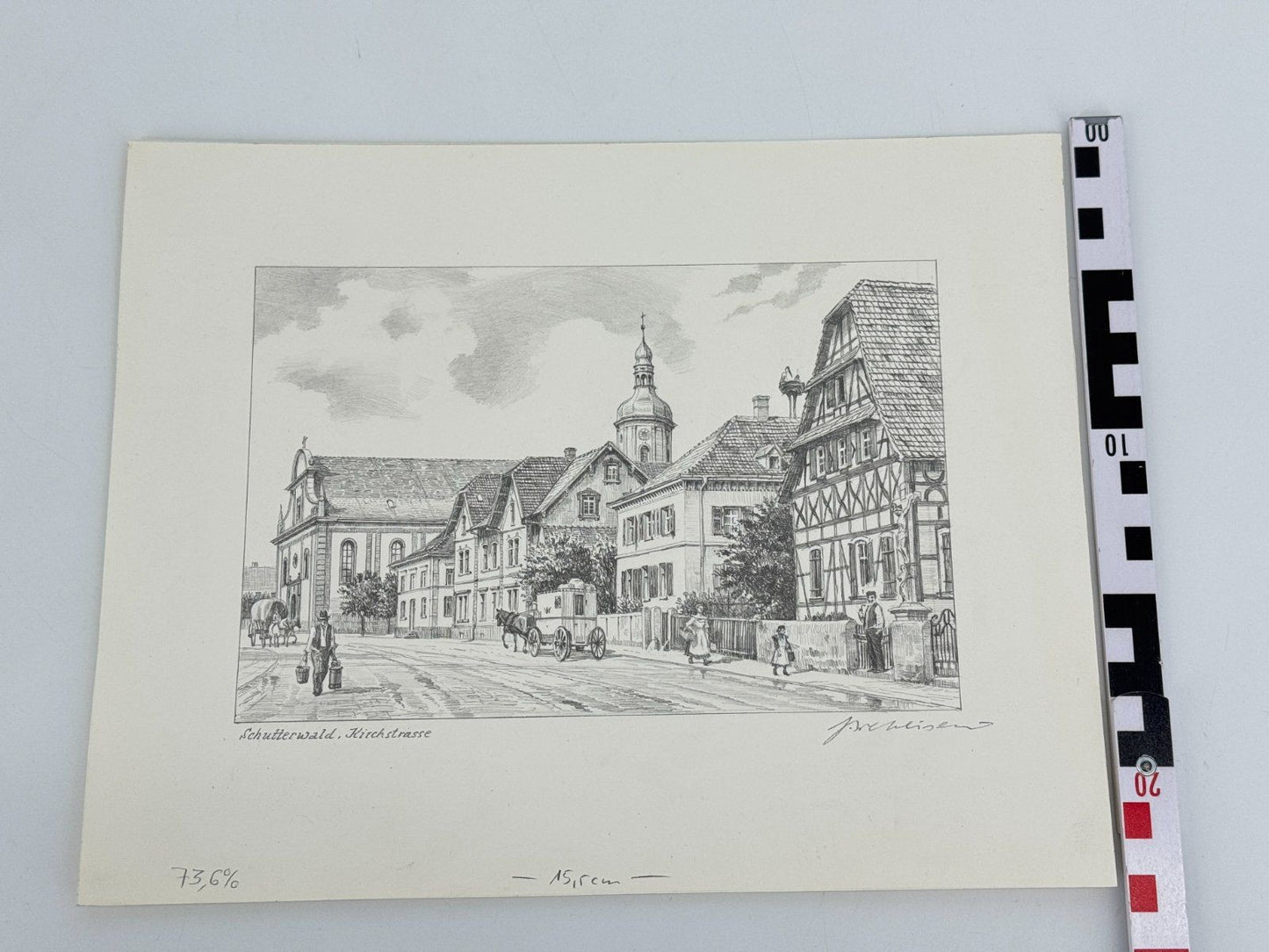 * HEINZ WEHLISCH ZEICHNUNG SCHUTTERWALD KIRCHSTRASSE ANSICHT SIGNIERT