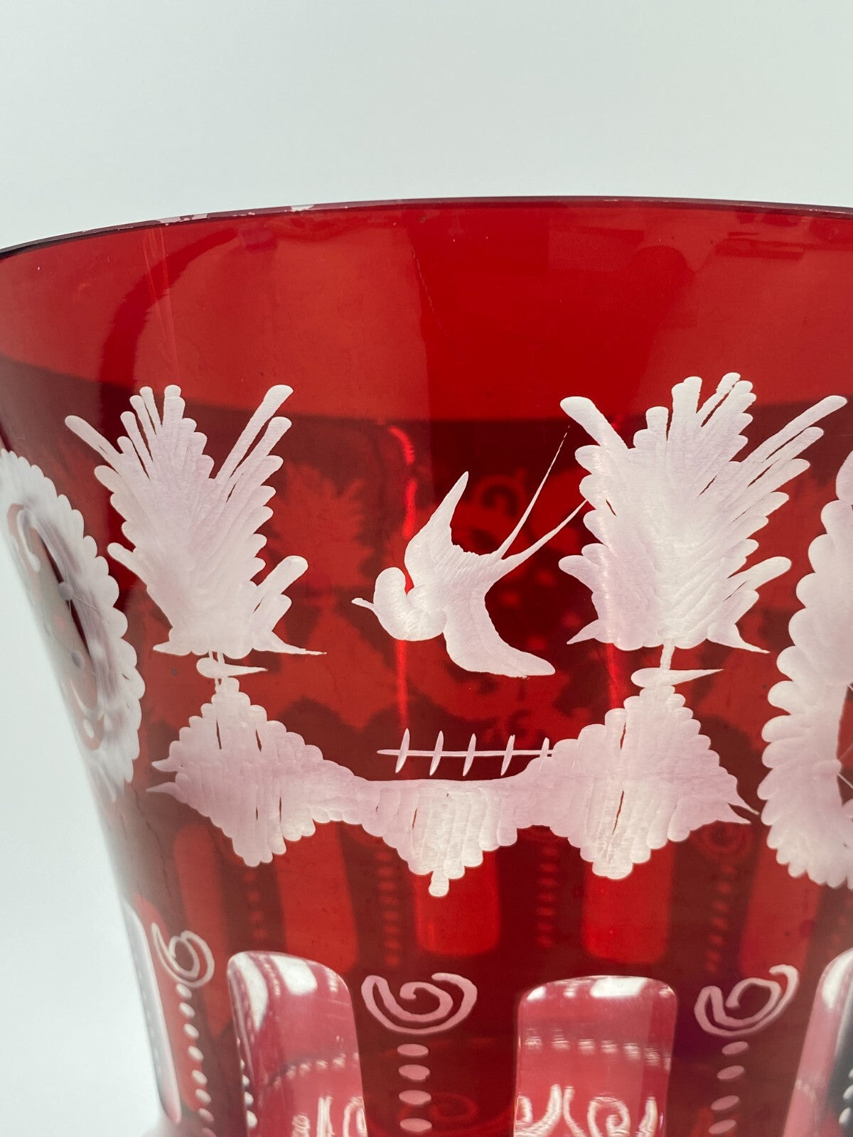 * VASE GROß BÖHMISCHES GLAS BÖHMEN TSCHECHIEN ROT JAGD HIRSCH VINTAGE