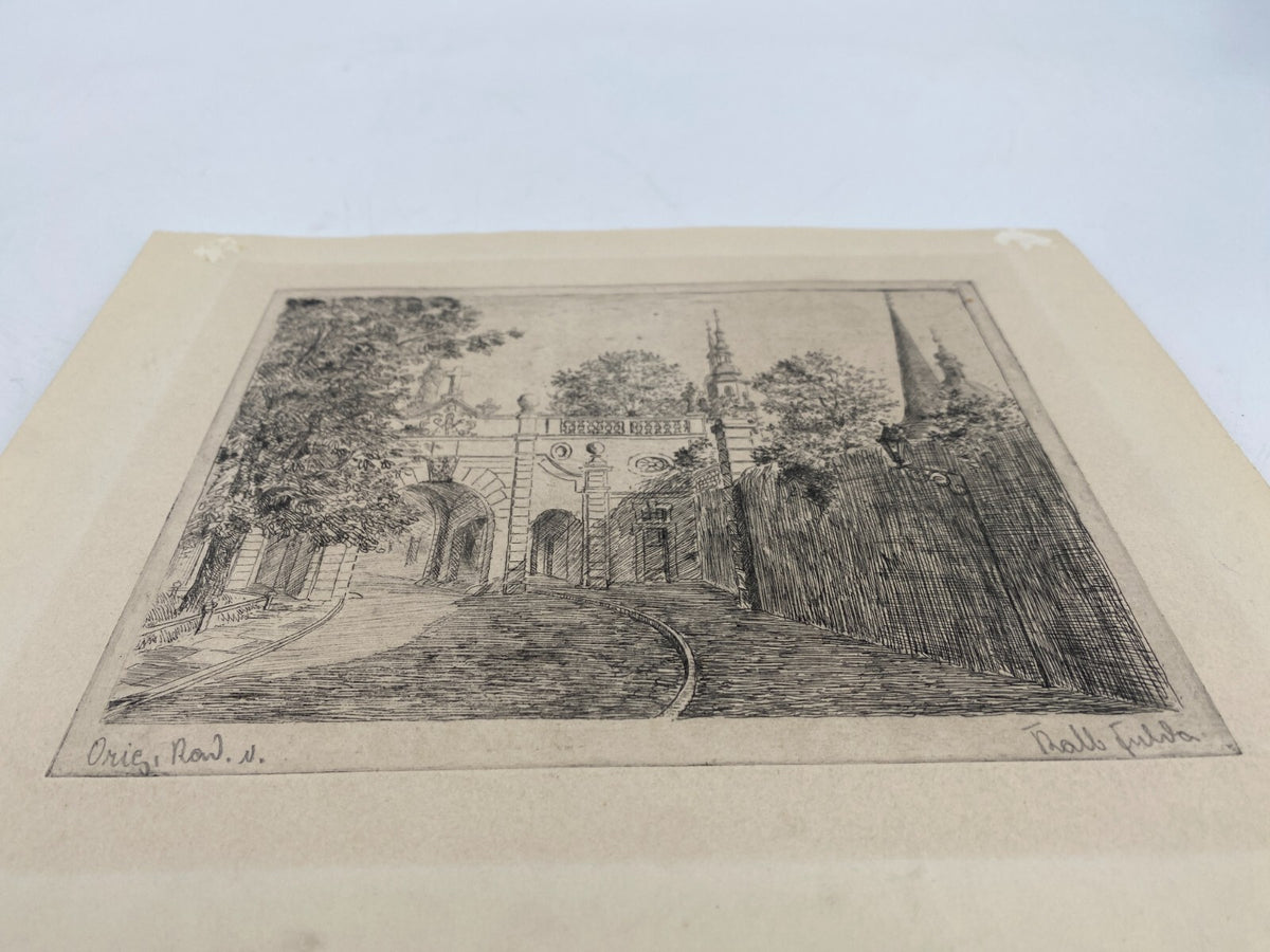 *RADIERUNG FULDA PAULUSTOR STADTTOR ORIGINAL ANTIK SIGNIERT