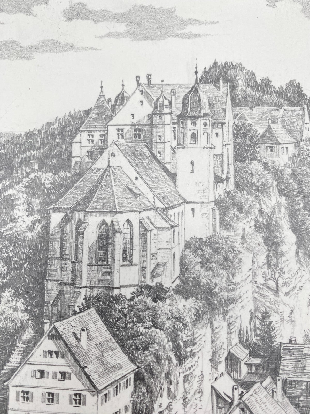 DEUTSCHER KÜNSTLER HEINZ WEHLISCH ZEICHNUNG HAIGERLOCH SCHLOSSKIRCHE SIGNIERT