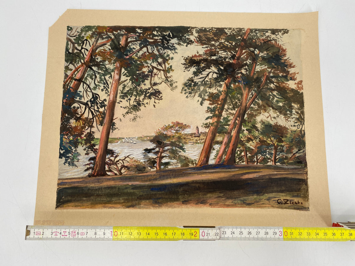 * AQUARELL OTTO ZIESKE 1902-1985 GRUNEWALDTURM HAVEL LANDSCHAFT KIEFERN UFER