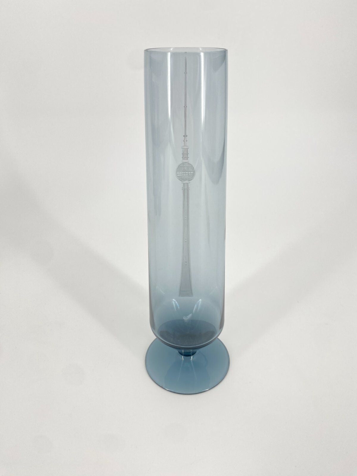 * VASE GLAS FERNSEHTURM BERLIN 1970ER BLAU RAUCH GLAS VINTAGE