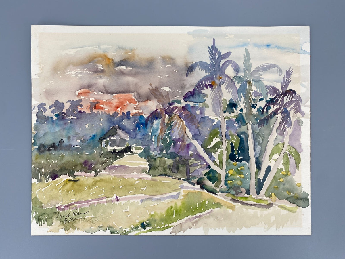 *AQUARELLGEMÄLDE ITALIEN LANDSCHAFT MEDITERRAN PALMEN VILLA SIGRID HANNSE UNIKAT
