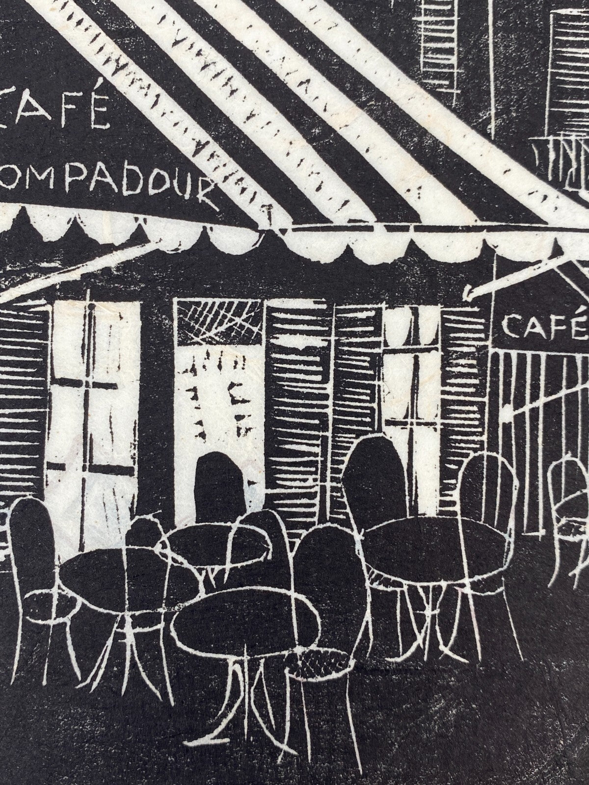 * CAFE POMPADOUR LINOLSCHNITT BILD GRAFIK ALEXA ARNDT GEWIDMET ANETTE