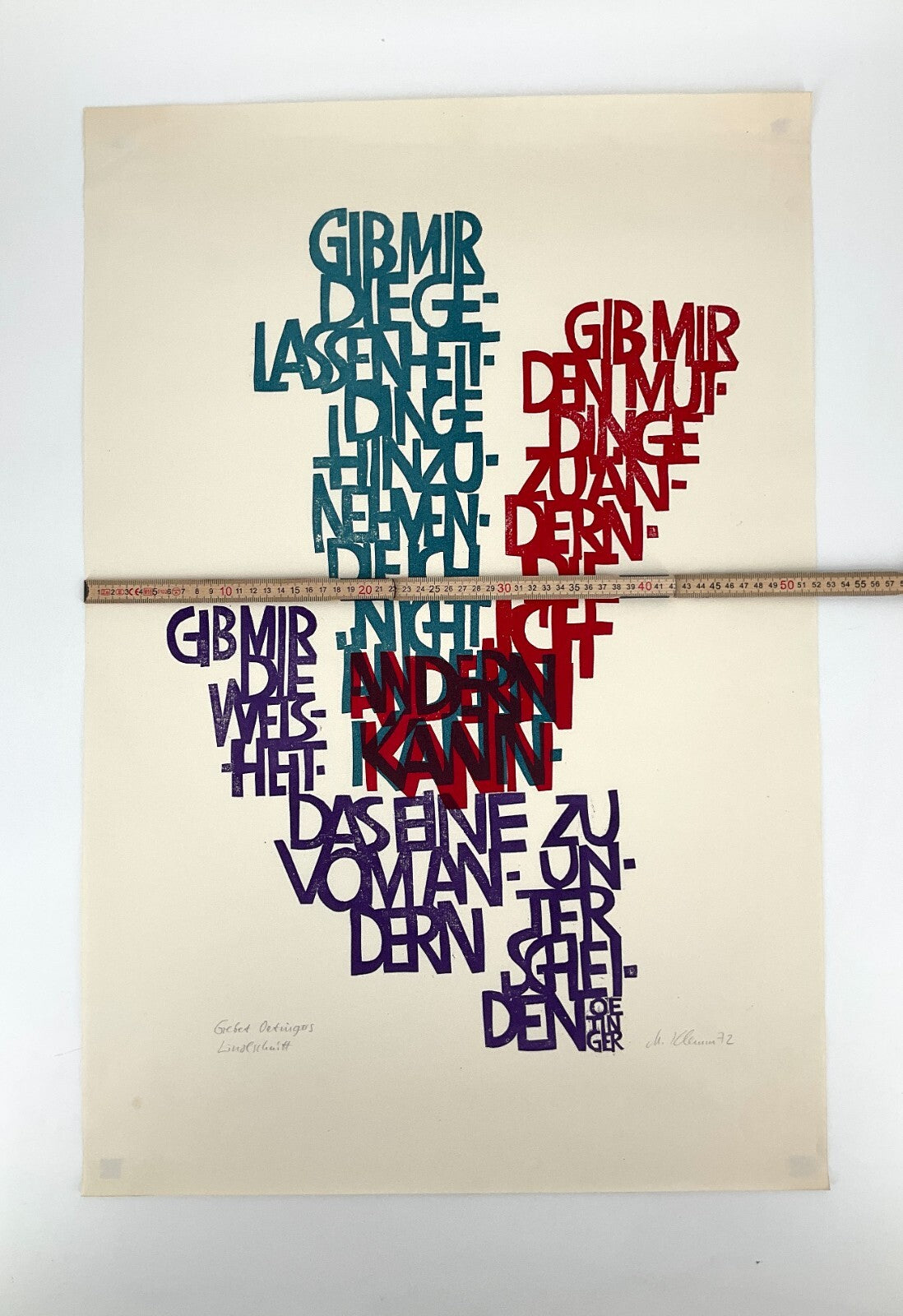 *LINOLSCHNITT MATTHIAS KLEMM GEBET OETINGERS 1972 SIGNIERT ORIGINAL SCHRIFTBILD
