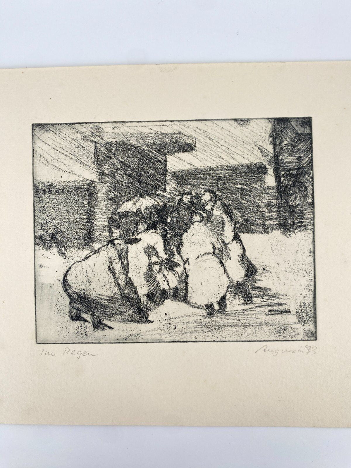 * RADIERUNG IM REGEN M. AUGURZKI GRAFIK KUNST SIGNIERT 70ER 1973