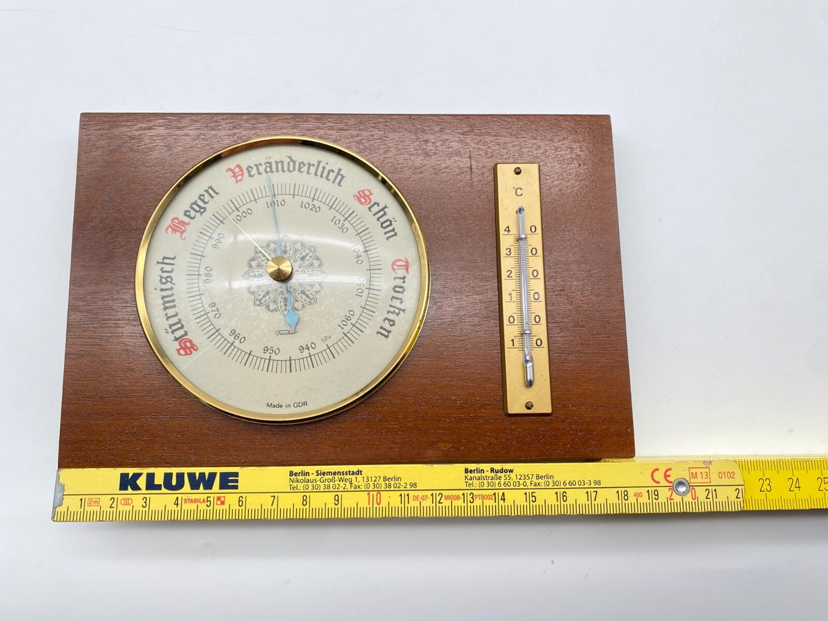 ALTE WETTERSTATION THERMOMETER BAROMETER FISCHER HOLZ VINTAGE DDR GDR