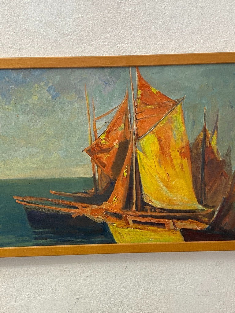 * ÖLGEMÄLDE GEMÄLDE AUGUST ENDRUSCHAT SEGELBOOT HAFEN MEER VINTAGE SIGNIERT