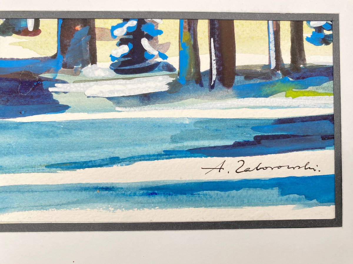 ANTONI ZABOROWSKI *1939 AQUARELL ZEICHNUNG WALD SCHNEE POLEN SIGNIERT 21x15 cm