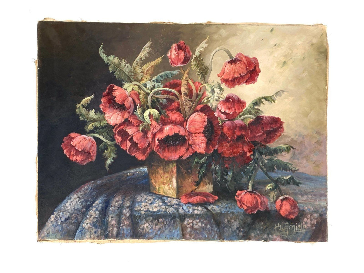 *ÖLGEMÄLDE MOHNBLUME BLUMENSTRAUß STILLEBEN LEINWAND MESSING