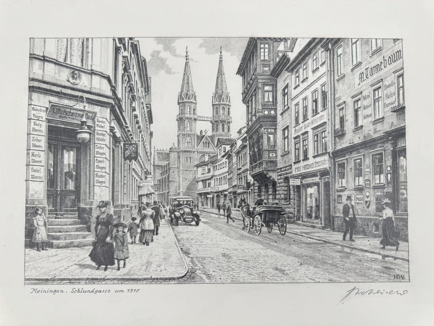 * HEINZ WEHLISCH ZEICHNUNG MEININGEN SCHLUNDGASSE 1910 ANSICHT SIGNIERT