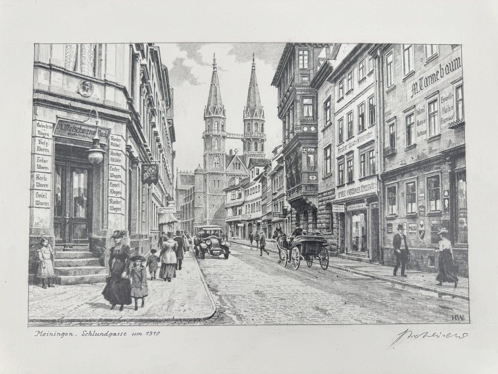 * HEINZ WEHLISCH ZEICHNUNG MEININGEN SCHLUNDGASSE 1910 ANSICHT SIGNIERT