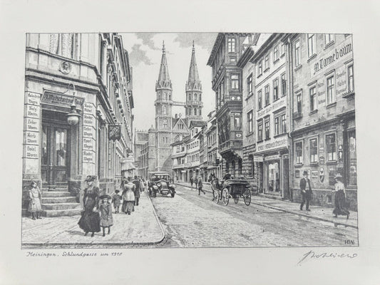 * HEINZ WEHLISCH ZEICHNUNG MEININGEN SCHLUNDGASSE 1910 ANSICHT SIGNIERT