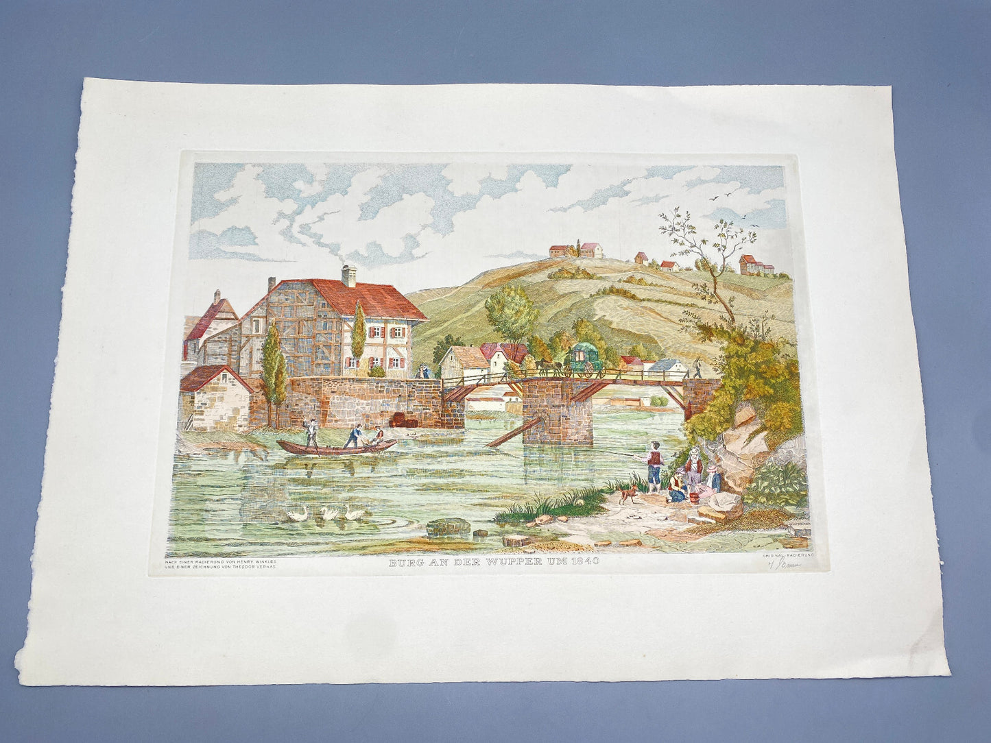 DEUTSCHER KÜNSTLER HEINZ WEHLISCH RADIERUNG KOLORIERT BURG AN DER WUPPER 1840