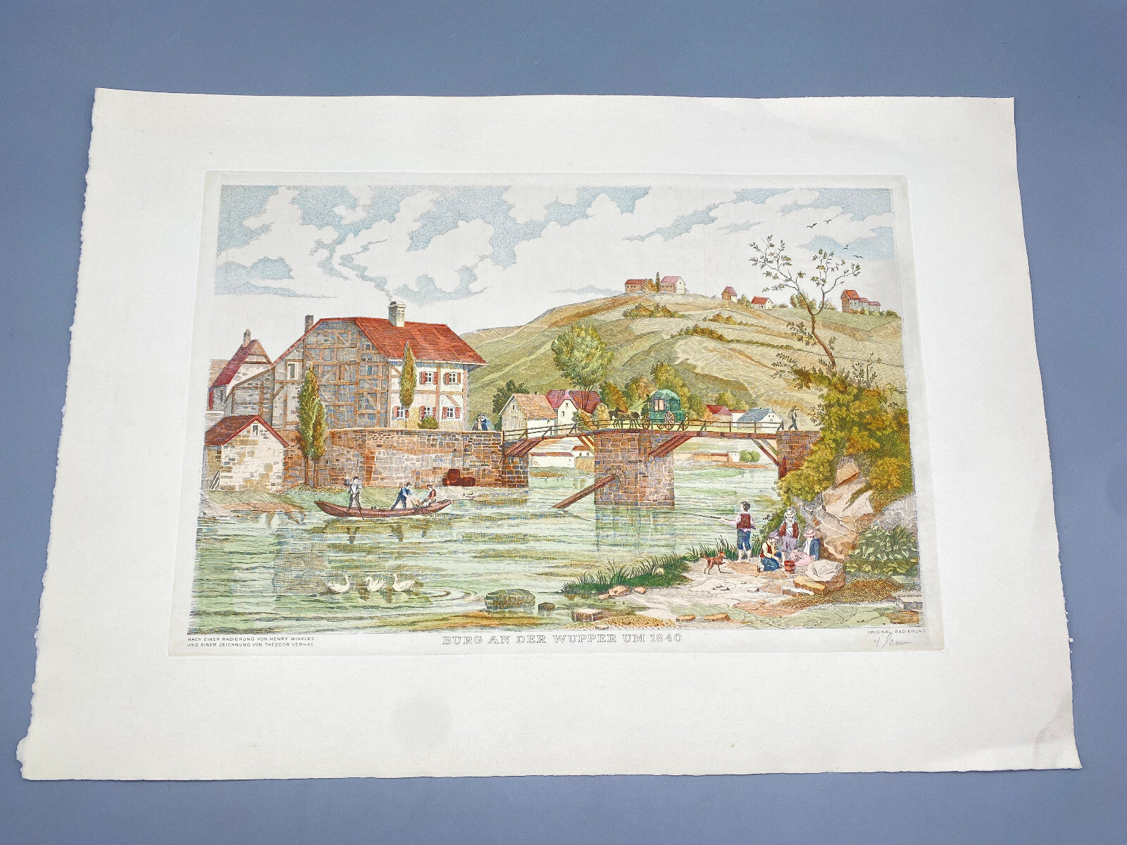 DEUTSCHER KÜNSTLER HEINZ WEHLISCH RADIERUNG KOLORIERT BURG AN DER WUPPER 1840
