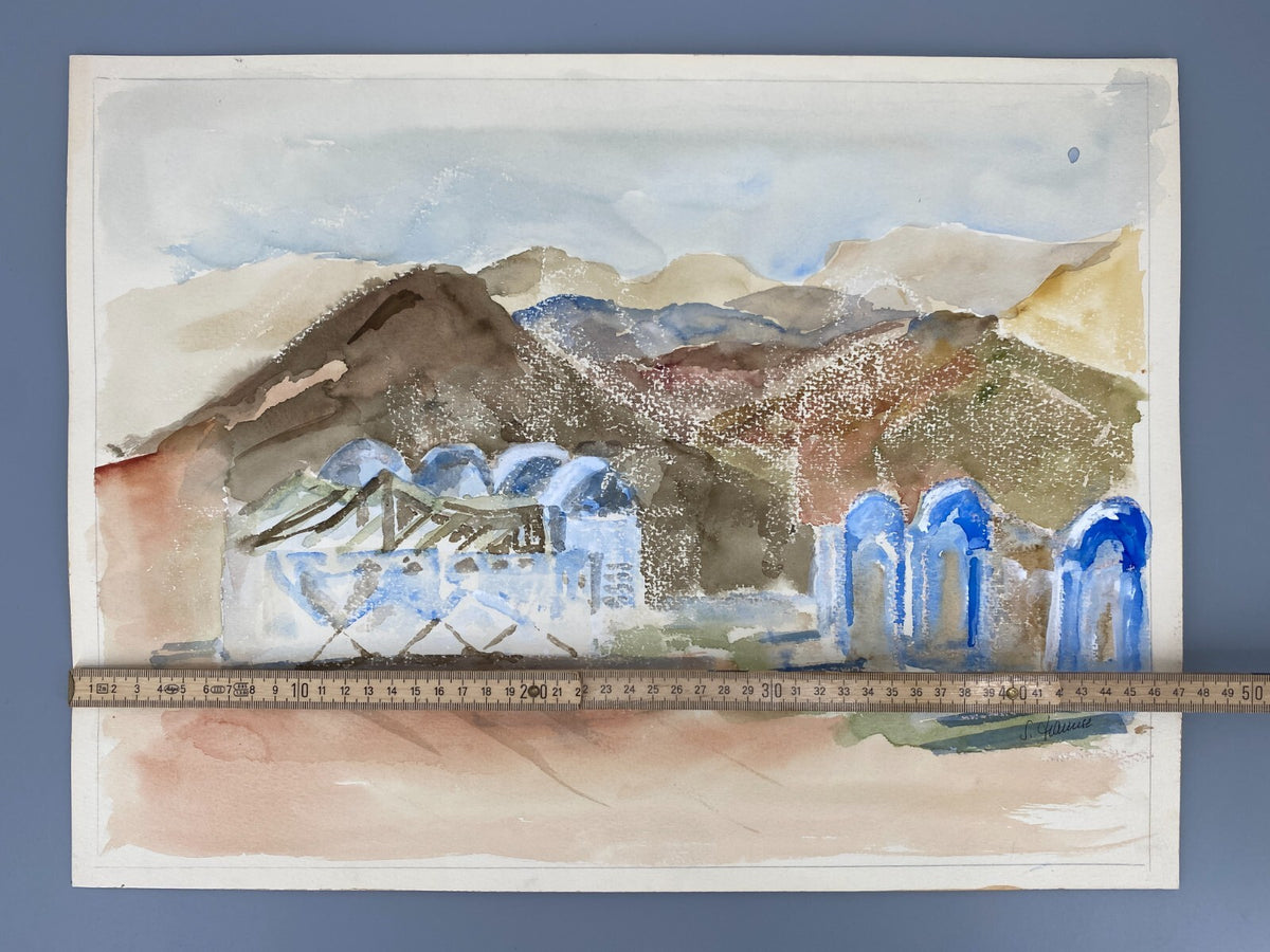 *AQUARELLGEMÄLDE LANDSCHAFT NAHOST NAHER OSTEN WÜSTE HÄUSER SIGRID HANNSE UNIKAT