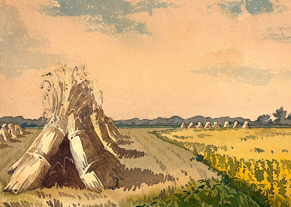 *GEMÄLDE LANDSCHAFTSANSICHT NACH GETREIDEERNTE HEUHAUFEN UNIKAT