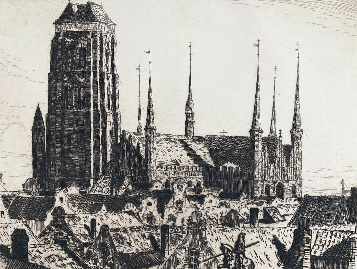 *RADIERUNG BERTHOLD HELLINGRATH DANZIG GDAŃSK MARIENKIRCHE SIGNIERT STADTANSICHT