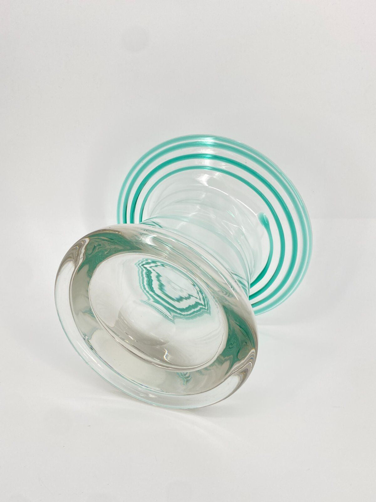 * SEKTKÜHLER VASE SCHALE GLAS HANDGEMACHT SPIRALE TÜRKIS ZYLINDER VINTAGE MUND
