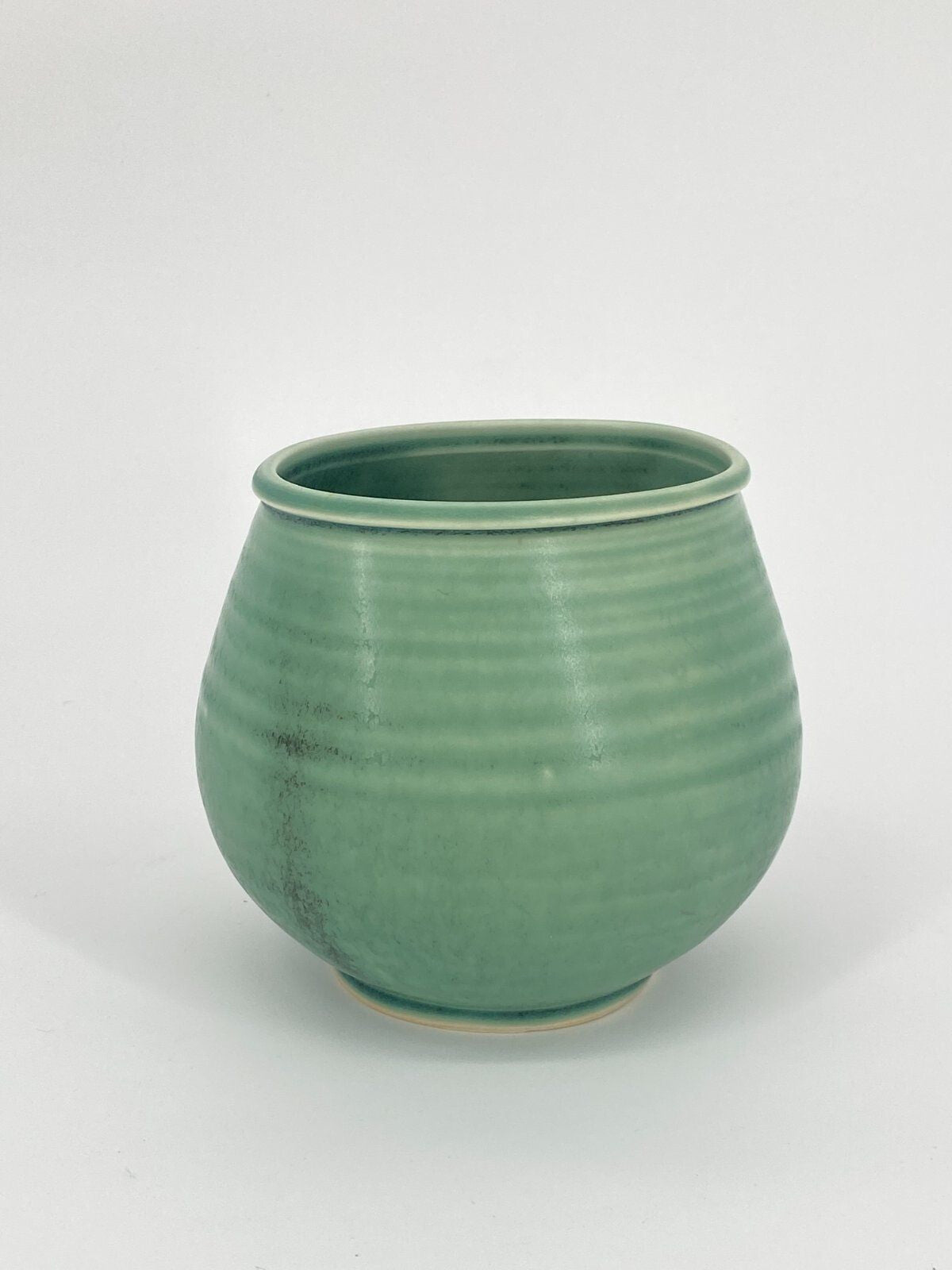 * STUDIOKERAMIK VASE RUND OVAL JADE GRÜN MARMORIERT RINGE VINTAGE