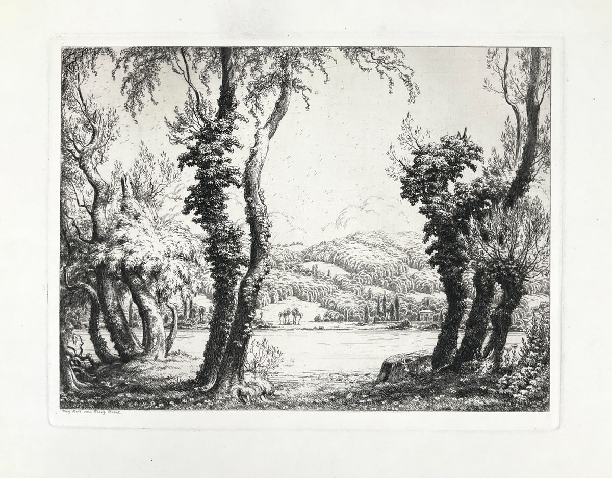 *RADIERUNG GEORG BROEL AM SONNIGEN RHEIN LANDSCHAFT JUGENDSTIL 1920 ORIGINAL