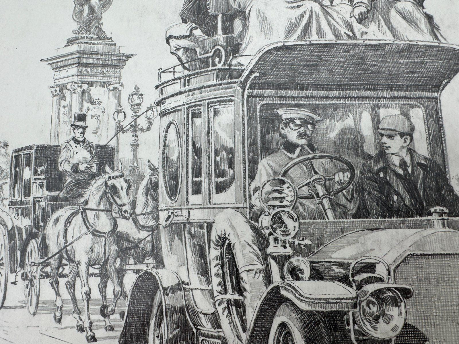 * HEINZ WEHLISCH ZEICHNUNG PARIS AUTOMOBIL 1912 ANSICHT SIGNIERT