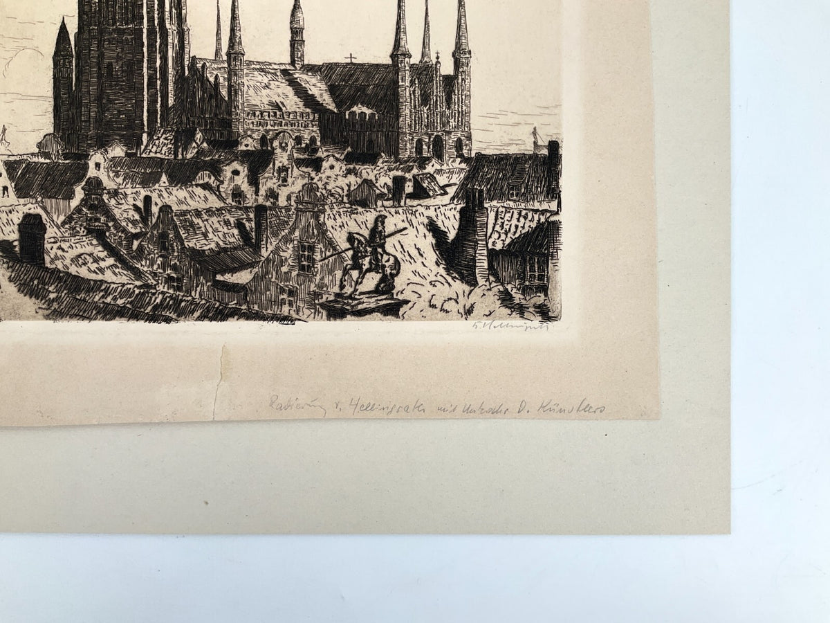*RADIERUNG BERTHOLD HELLINGRATH DANZIG GDAŃSK MARIENKIRCHE SIGNIERT STADTANSICHT