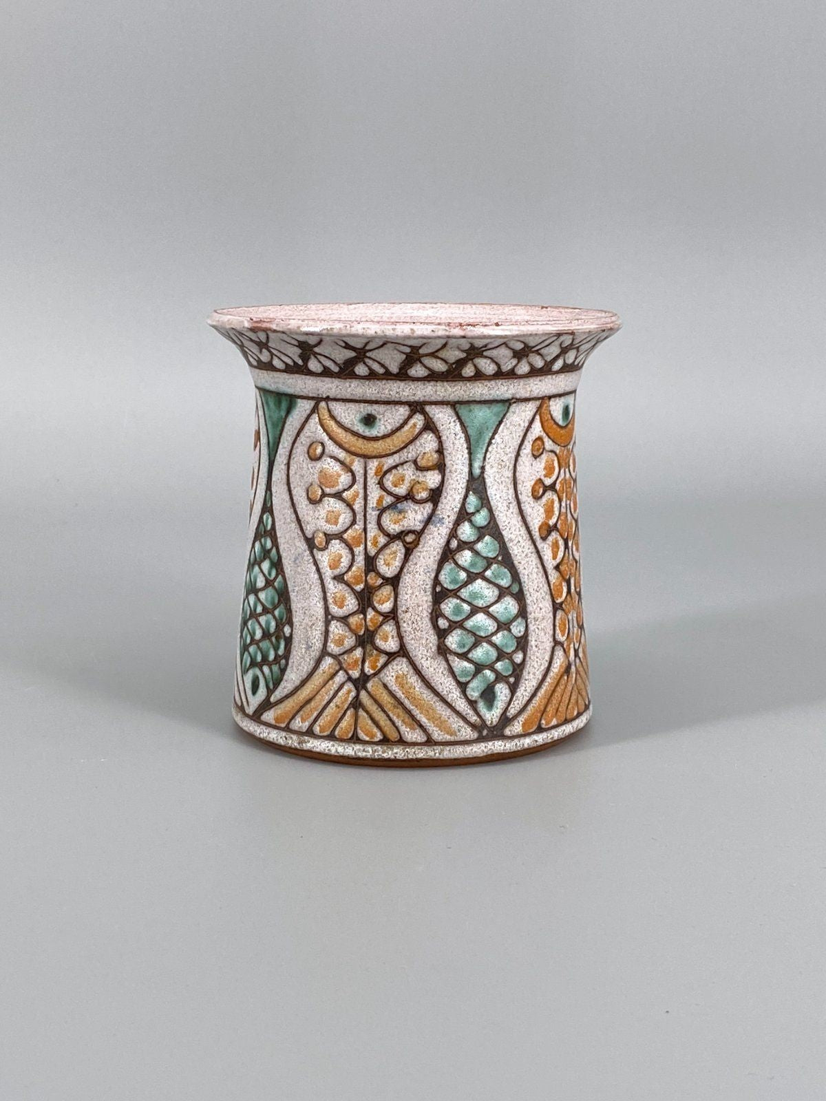 * KERAMIK VASE FISCHE GRÜN ORANGE GLASIERT HANDGETÖPFERT VINTAGE