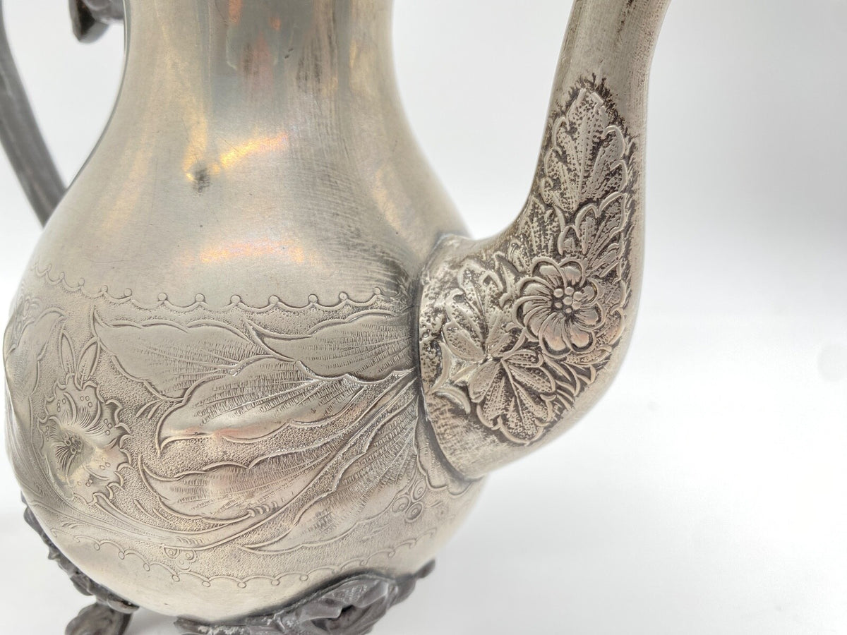 ANTIKES ZINN KAFFEE MOKKA TEEGESCHIRR ENGLAND 1900 JAHRHUNDERT BLUMENMUSTER