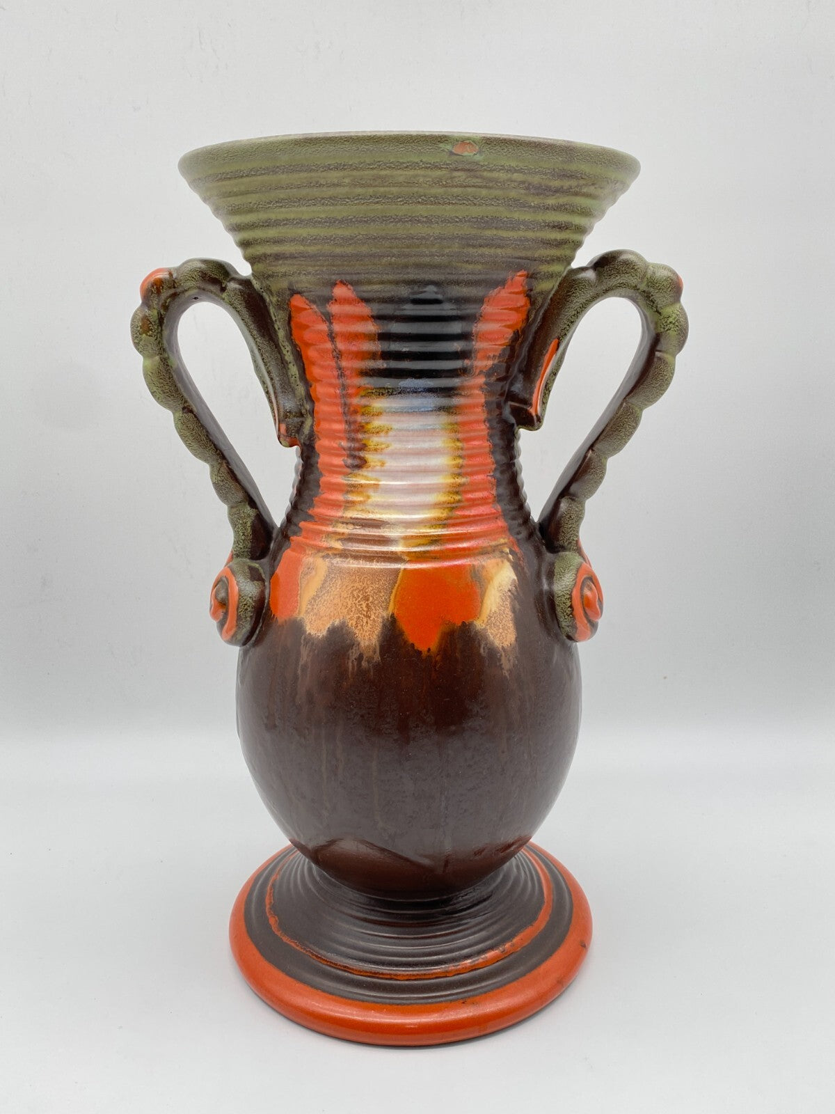 CARSTENS GRÄFENRODA ART DECO VASE HENKEL AMPHORENVASE LAUFGLASUR FAT LAVA GERMAN