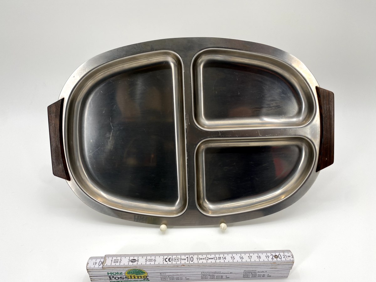 * EDELSTAHL TABLETT SERVIER OVAL UNTERTEILUNG SNACKS DANISH DESIGN PALISANDER 60