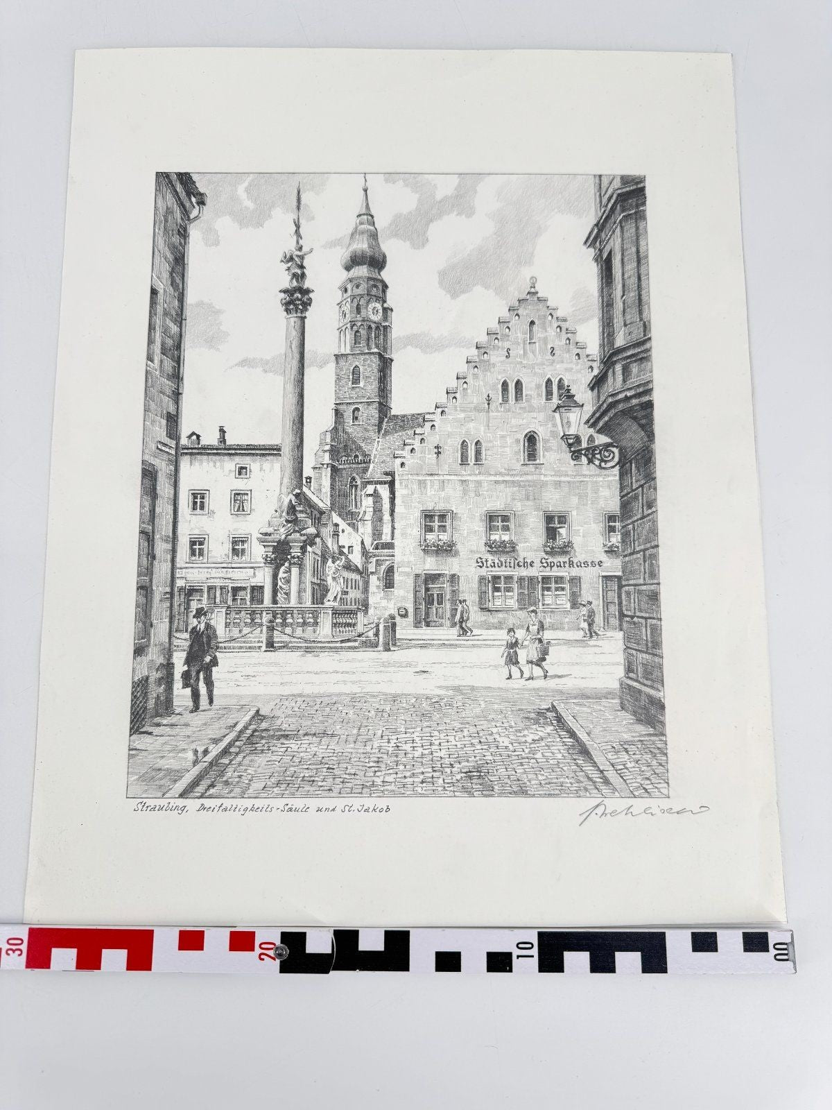 * HEINZ WEHLISCH ZEICHNUNG STRAUBING DREIFALTIGKEITS SÄULE ANSICH