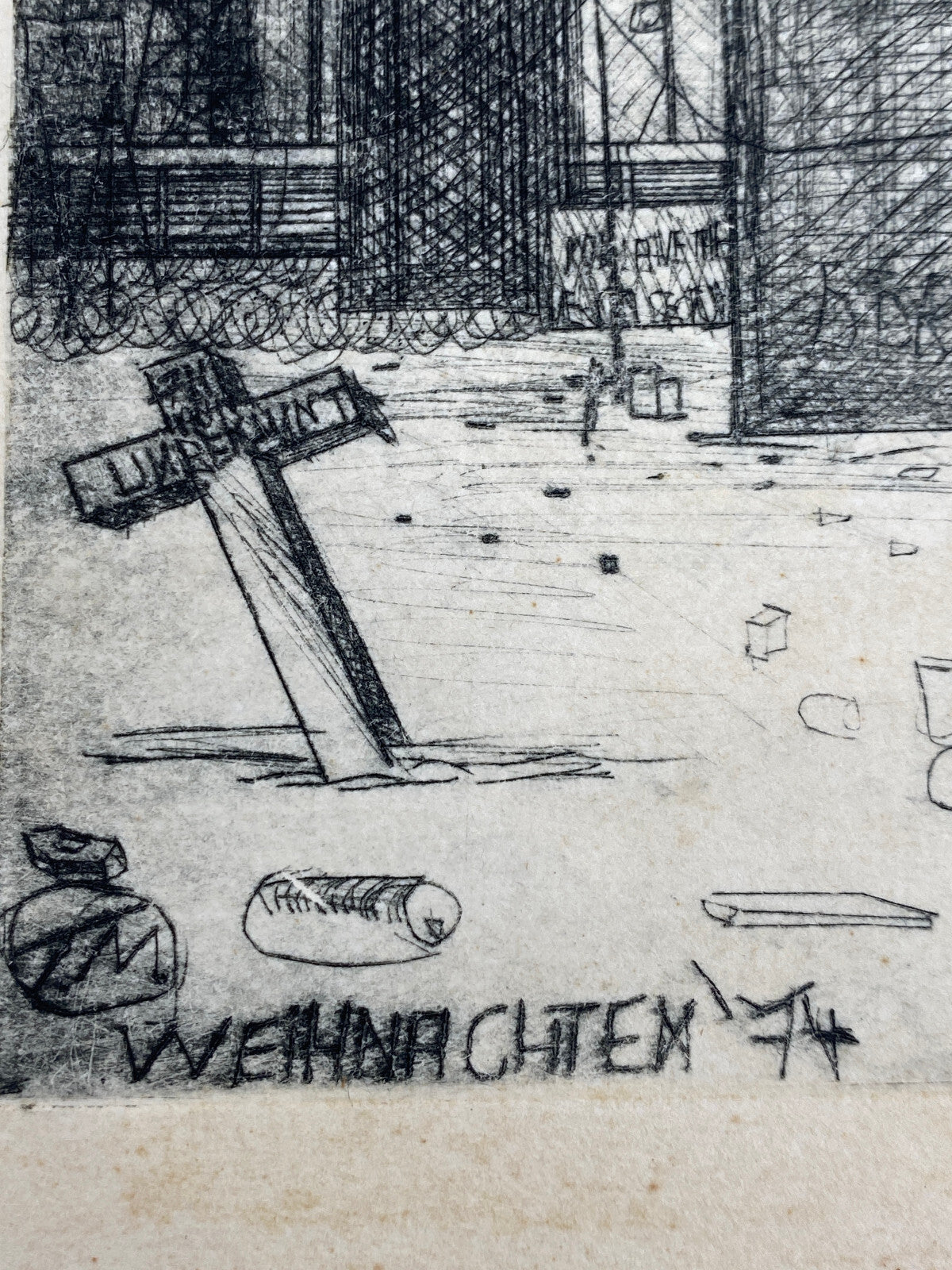 *AUSSERGEWÖHNLICHE KALTNADEL RADIERUNG WEIHNACHTEN 1974 WESTBERLIN MAUER GRENZE