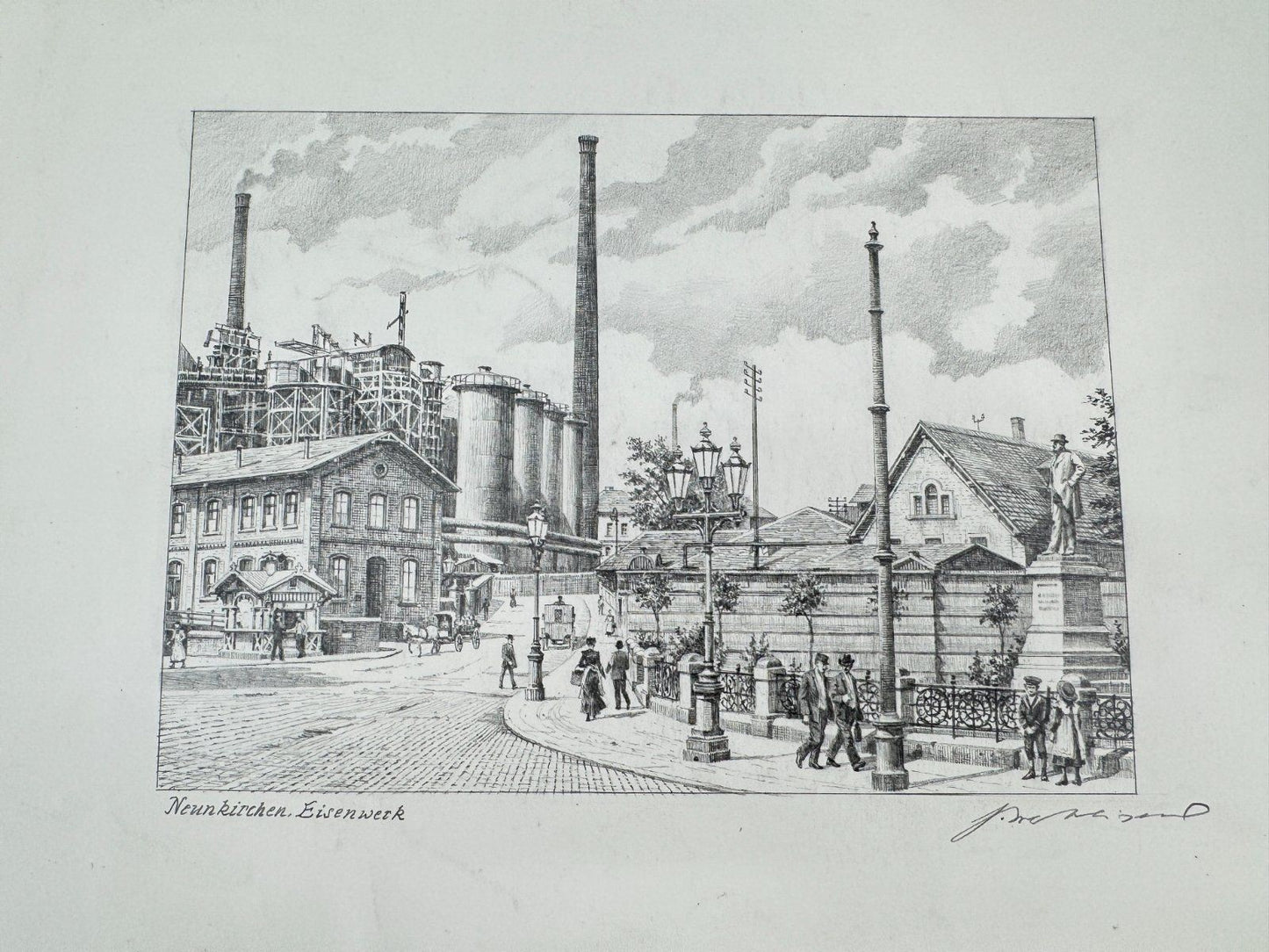 * HEINZ WEHLISCH ZEICHNUNG NEUNKIRCHEN EISENWERK ANSICHT SIGNIERT